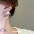 Pink Crystal Flower Cluster Stud Earrings With Decorative Metal Accents view 3