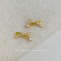 Gold Bow Lime Green Enamel Stud Earrings CZ Dangle Pair view 4