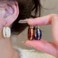 Color Inlay Gold Tone Hoop Earrings in Blue White and Red view 2