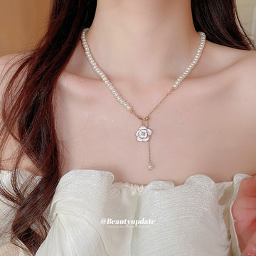 White Pearl Enamel Camellia Pendant Gold Dangle Necklace