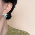 Blue Enamel Starfish Stud Earrings Flower Pearl Rhinestone view 2