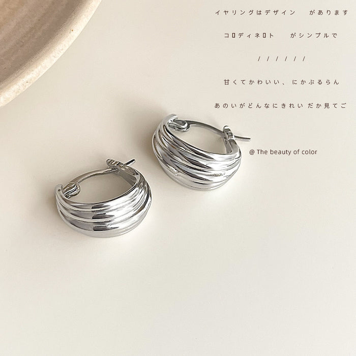 Silver Multi Ribbed Textured Plump Hoop Earrings Huggie Style Pair