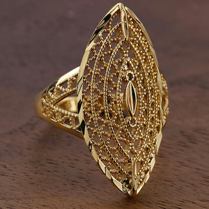 Gold Tone Marquise Filigree Statement Ring Polished Metal Jewelry