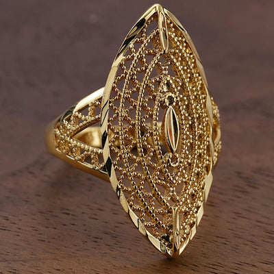 Gold Tone Marquise Filigree Statement Ring Polished Metal Jewelry front product view