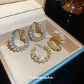 Gold Tone Pearl Half Hoop Earrings in Stud or Huggie Styles view 3
