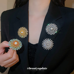 Pearl Crystal Flower Burst Brooch Pins Four Color Styles