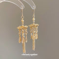 Gold Tone Lotus Multi Chain Tassel Hook Earrings Jewelry Pair view 2