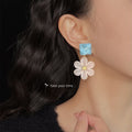 Aqua Square Top And Translucent White Daisy Drop Stud Earrings view 2