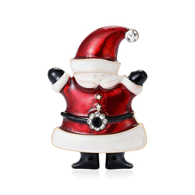 Front view of santa claus brooch in red enamel with clear crystal accents