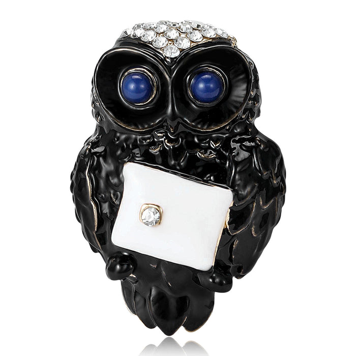 Envelope Holding Owl Brooch in Black or White Enamel
