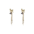Gold Tone Bow Purple Flower Pearl And Chain Tassel Stud Earrings view 5
