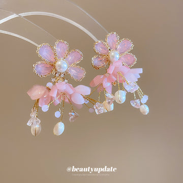 Pink Floral Pearl Tassel Stud Earrings Fashion Jewelry