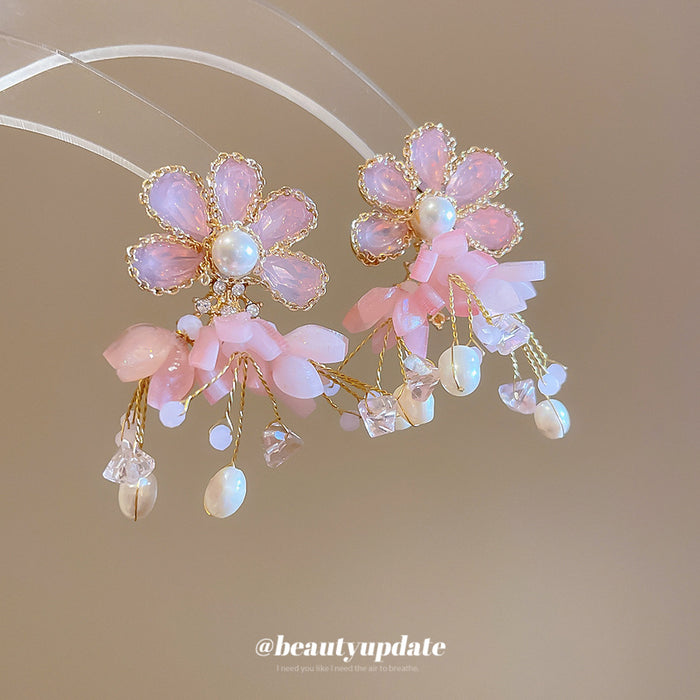 Pink Floral Pearl Tassel Stud Earrings Fashion Jewelry