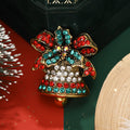Rhinestone Christmas Bell Brooch Red Green Bow Gold Tone view 1