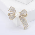 Crystal Ribbon Bow Brooch With Pearl in Gold or Silver Tone view 2