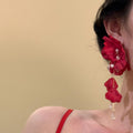 Red Fabric Flower Crystal Cascade Earrings Statement Jewelry view 3