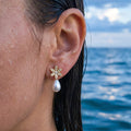 Gold Pave Flower Stud Teardrop Pearl Drop Earrings view 4