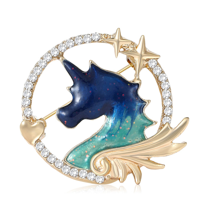 Blue Green Unicorn Brooch Inside Crystal Moon and Star Ring