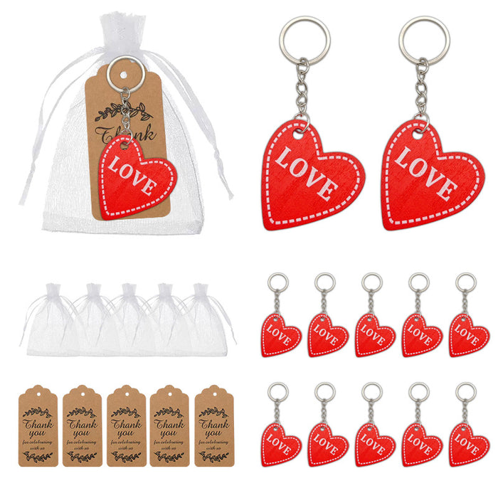 Red Love Wood Heart Keychain Metal Chain Split Ring