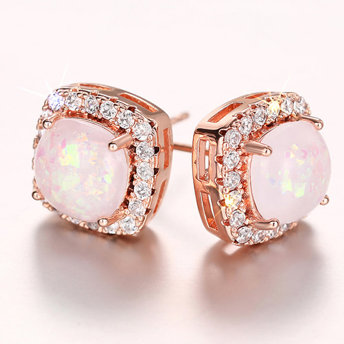 Cushion Halo Opal Stud Earrings Rose Gold White Gold