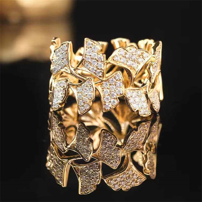 Gold-Tone Ginkgo Leaf Half Band Pave Clear Stone Ring Sizes 6-10