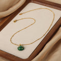 Gold Tone Oval Pendant Necklace Green Stone White Shell view 4