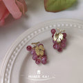Pink Speckled Grape Cluster Stud Earrings Gold Leaf Accent view 3