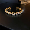 Gold Tone Open Cuff Bracelet With Crystal Buckle Link Pattern view 6