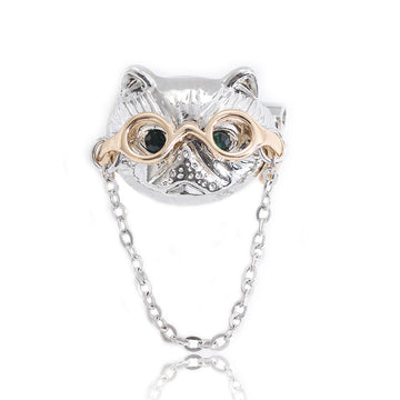Glasses Owl Chain Collar Brooch in Silver Gold for Jackets and Scarves