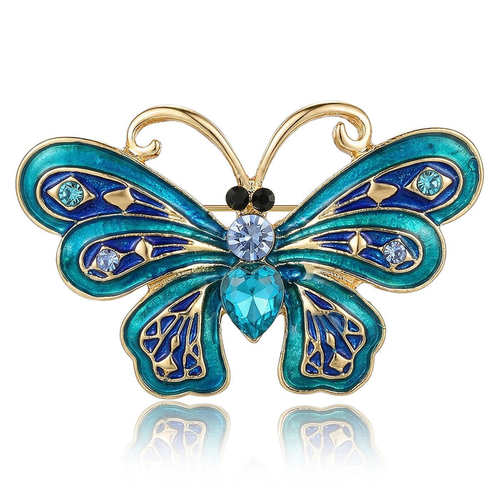 Blue and Teal Enamel Butterfly Brooch with Crystal Body
