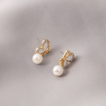 Gold Butterfly Huggie and Pearl Look Bead Dangle Earrings