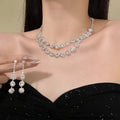 Silver Double Layer Round Crystal Necklace Earring Set view 1