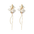 White Flower Pearl Tassel Earrings With Gold-Tone Settings view 5