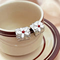 Silver Hammered Square Stud Earrings Enamel Daisy Flower Centers view 3