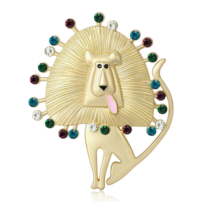 Matte Gold Cartoon Lion Brooch Multicolor Rhinestone Mane