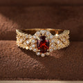 Red Oval Double-Halo Wide Ring In Polished Gold Tone view 2