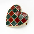 Red Green Checkered Heart Enamel Brooch Gold Tone Plaid Pin view 2