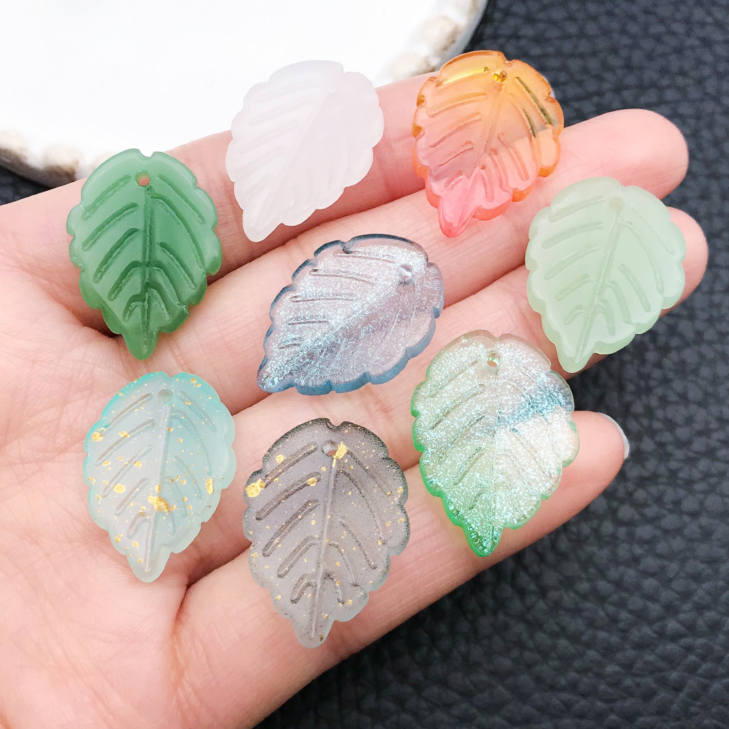 Frosted Transparent Glass Strawberry Leaf Bead Charm Pendant for DIY Necklace Jewelry Making