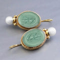 Gold Tone Green Oval Carved Pearl Drop Hook Earrings view 1