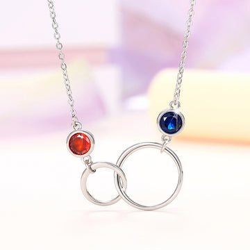 Interlocking Circle Necklace with Red and Blue Crystals