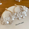 White Floral Gold Tone Large Hoop Earrings Statement Jewelry view 6