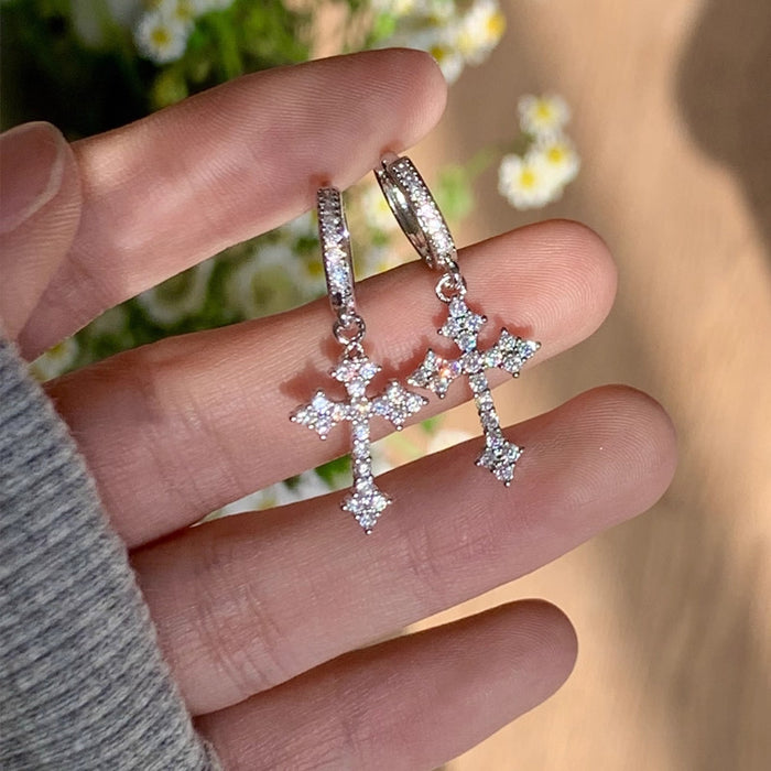 Silver Tone Cross and Star Crystal Drop Earrings Metal Tone Jewelry