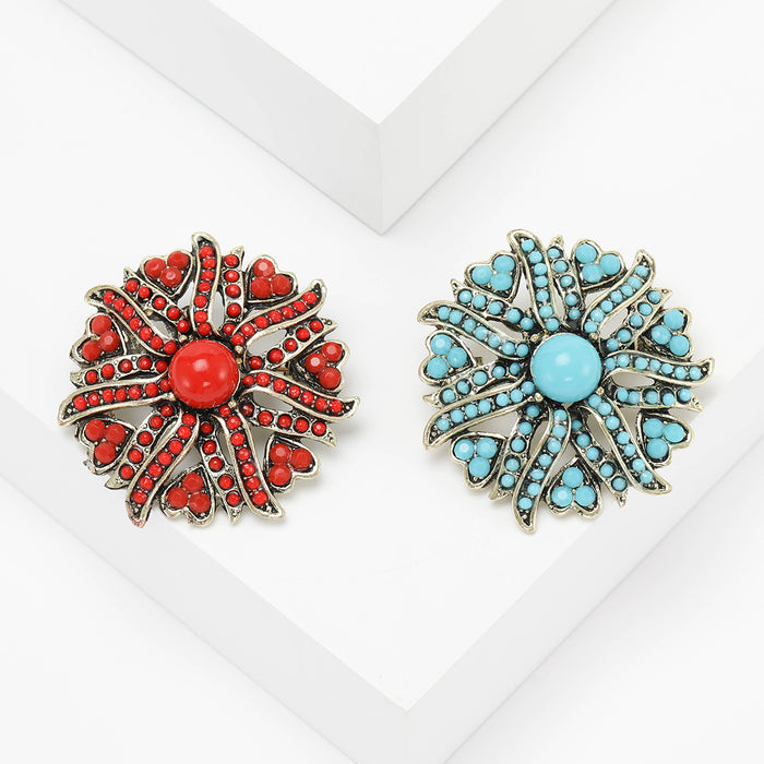 Sunburst Turquoise or Red Beaded Flower Brooch Crystal Pin