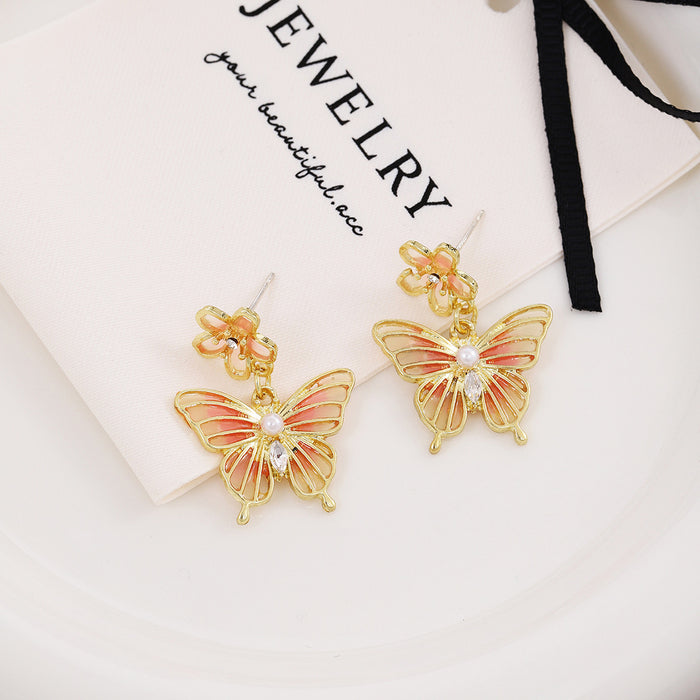 Pink Gradient Butterfly Dangle Earrings Flower Pearl Gold