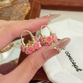 Pink and Ivory Rose Bouquet Gold Tone Hoop Earrings view 4