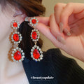 Red Teardrop Crystal Halo Short Drop Statement Earrings view 2