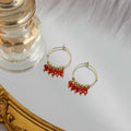 Red Bead Fringe Gold Tone Large Classic Hoop Earrings view 4