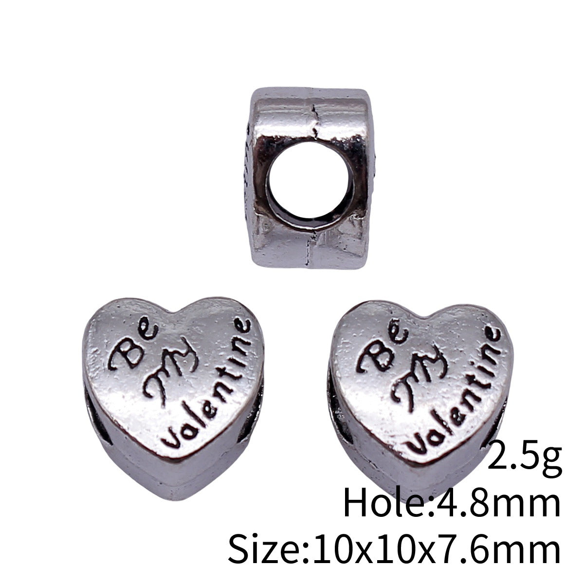 10x10x7.6mm 2.5g Antique Silver Zinc Alloy Be My Valentine Heart Large Hole Beads for DIY Bracelet Making