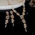 Gold Tone Wheat Leaf Crystal Necklace And Long Earring Set view 6