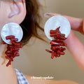 White Round Shell Look Stud Earrings with Red Branch Drops view 1